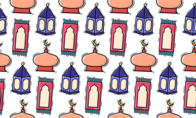 Colorful Islamic pattern featuring mosques, prayer rugs, and lanterns with crescent moons.