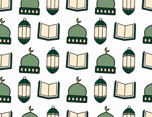 Islamic pattern with mosques, quran, and lanterns in shades of green.