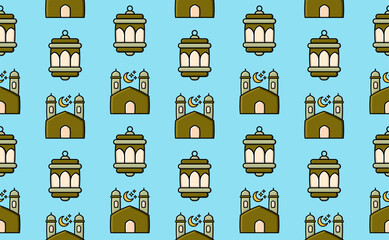 Islamic seamless pattern featuring cartoon mosques and lanterns on a light blue background.