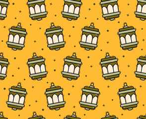 Festive Islamic pattern with cartoon lanterns scattered on a vibrant yellow background.