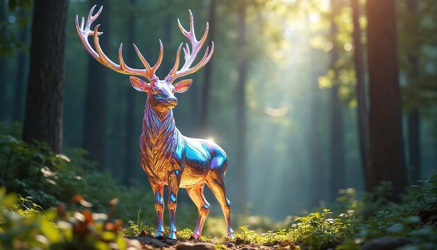 Iridescent stag sculpture stands in sunlit forest. Shiny metallic cervid art with colourful reflections among green trees. Modern animal statue glows with holographic hues in nature.