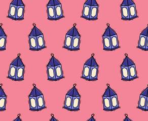 Blue Moroccan lanterns on a pink background, seamless pattern for festive Islamic decorations