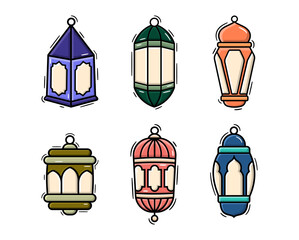 Six colorful Islamic lanterns in different shapes and colors, isolated on white, festive decor