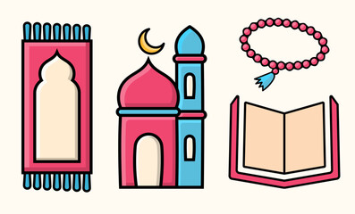 Islamic icons arranged: prayer mat, mosque with moon, open book, and prayer beads for Eid