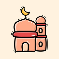 Cute cartoon mosque with a crescent moon and star, pink and red tones for Islamic celebrations