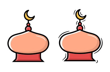 Two stylized mosque domes with crescent moons, pink and yellow colors for Islamic design elements