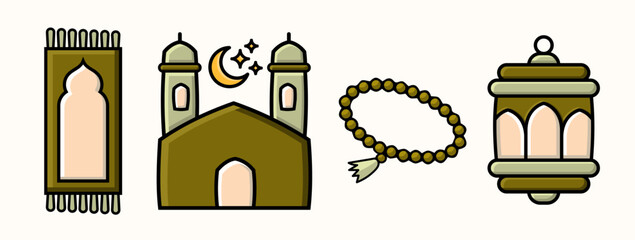 Islamic icons: prayer mat, mosque, prayer beads, and lantern in earthy tones for Ramadan