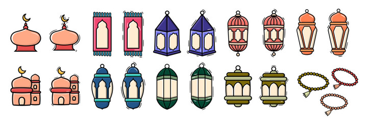 Collection of Islamic icons: mosques, prayer mats, lanterns, and prayer beads for festive designs