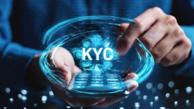 Person holding a tablet with kyc icons and symbols on the screen