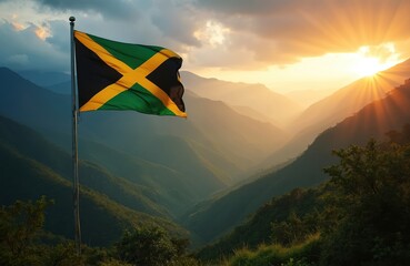 Jamaican flag flies high over rich green mountains at sunrise. Sun rays break through clouds illuminating a scenic tropical valley. Island nation landscape evokes peace and beauty.