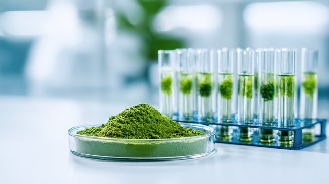 Green plant powder in petri dish with laboratory test tubes for botanical research