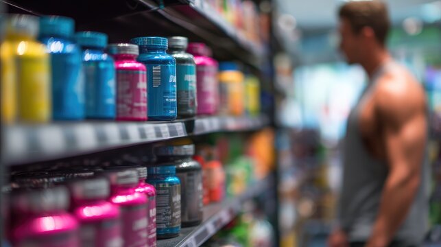 Muscular man choosing sports supplements in nutrition store aisle