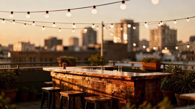 Cozy rooftop hostel terrace at sunset with string lights softly glowing wooden bar counter and blurred city skyline creating a warm urban ambiance.