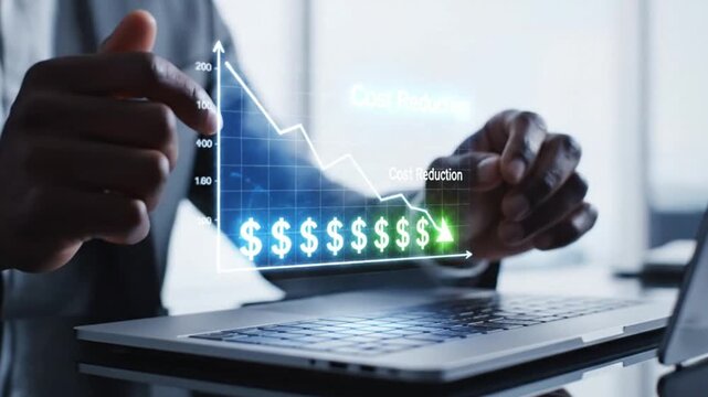 Person using laptop with cost reduction graph and dollar signs on screen