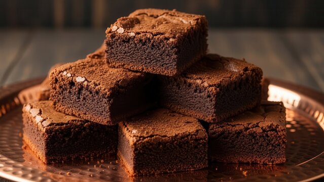 Stack of Rich Dark Chocolate Fudge Brownies, Delicious Baked Dessert