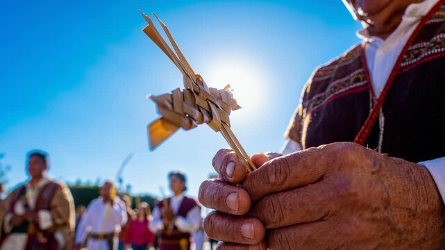 Elderly man in traditional attire holding woven palm cross outdoors. Sunlight filtering through the structure during cultural procession. Religious festival with participants in colorful clothing and