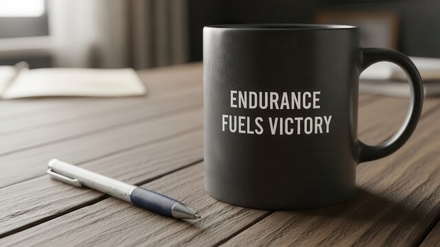 A black coffee mug with the inspiring quote Endurance Fuels Victory sits on a wooden desk next to a pen, symbolizing motivation for work and success.
