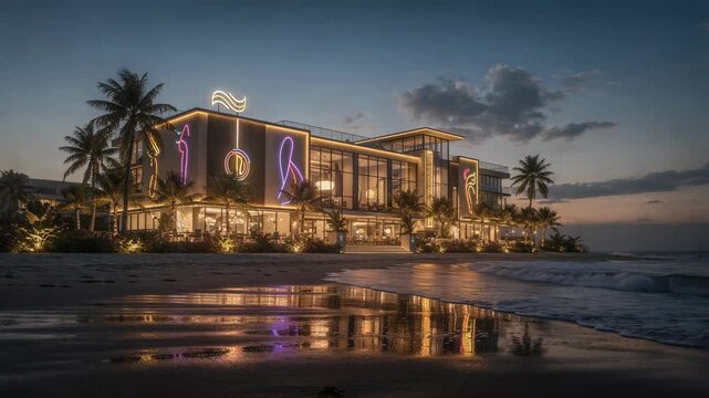 Coastal region boutique hotel exterior at dusk with vibrant signage and warm ocean breeze ambiance the shoreline and waves subtly blurred.