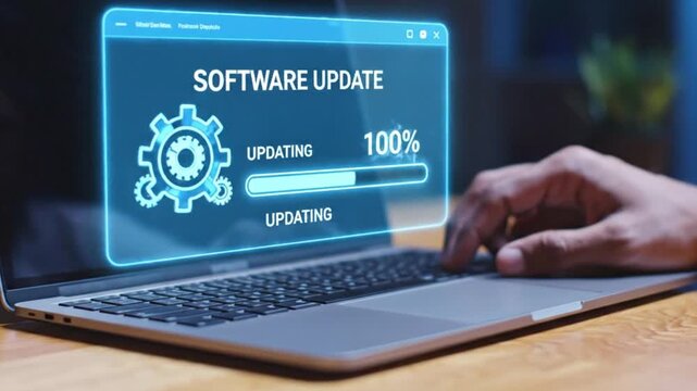 Laptop screen showing software update process with a hand interacting