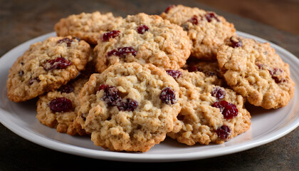 Freshly Baked Oatmeal Cookies on White Plate, Perfect for Dessert or Snack Time, Crumbly and Delicious Treat for All Ages