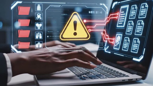 Person typing on laptop with warning sign on screen indicating potential cyber threat or data breach