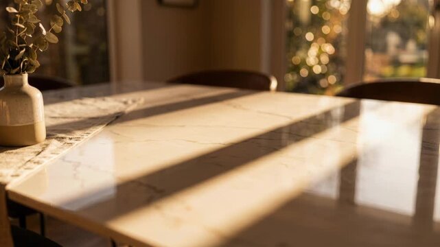 Sunlit dining table with vase of dried greenery in cozy room. Warm light casting shadows through window. Home interior ambiance for relaxation and decor inspiration.