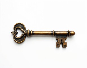 Antique bronze key with heart shape bow lies on white background. Old metal object represents opportunity secret or access. Vintage treasure unlock access.