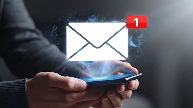 Person holding smartphone with email icon overlay