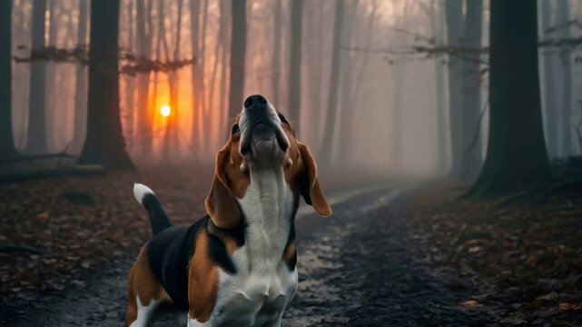 Beagle dog howling and looking up on misty forest path during sunset. Hunting dog activity. Hound following scent.