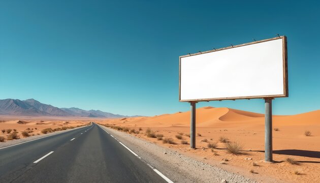 Blank billboard stands by desert road under clear blue sky. Sand dunes and distant mountains form arid landscape background. Offers space for advertising message.