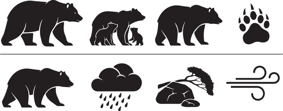 Black silhouette icons of bears, bear paw print, rain cloud with raindrops, tree blowing in wind, and gust of wind, representing wildlife and weather.
