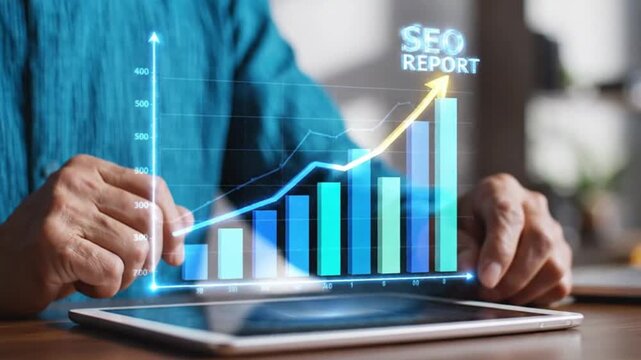 Person analyzing seo report on digital tablet with interactive graph and chart