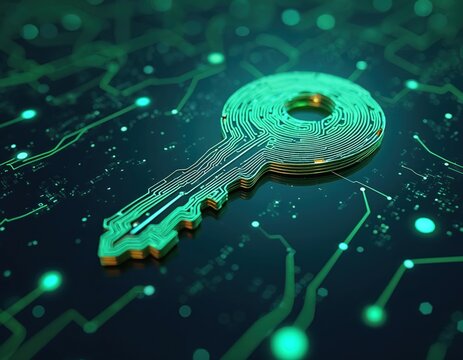 Abstract digital key symbol on circuit board. Futuristic cyber network grid with glowing lights. Digital transformation concept for tech industry and data security.