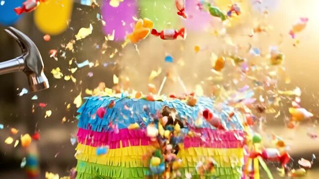 A colorful pi&ntilde;ata bursting with candy and confetti at a festive party.