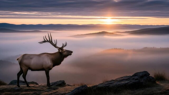 Majestic wild elk bull with large antlers on a mountain at sunrise in a foggy landscape, showing the beauty of wilderness.