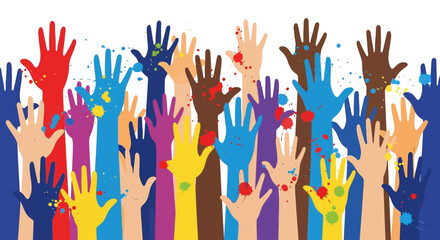Diverse hands raised in a colorful celebration of unity and inclusivity, representing teamwork and community spirit