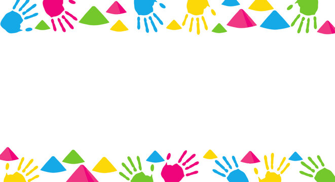 Colorful handprints and triangles border on a white background, perfect for children's art or festive invitations