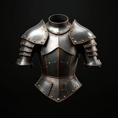 Full metal torso plate armor with layered pauldrons, gorget. Knightly protection features polished steel segments, brass rivets. Represents medieval combat gear for historical reenactments, fantasy