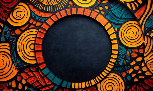 African patterns creating a vibrant frame around a dark circular background, offering unique copy space for text or design