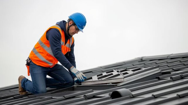 Installer man working on roof hatch skylight. Residential building maintenance and construction service.
