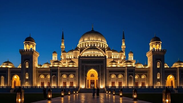 A beautifully illuminated mosque with grand domes and minarets at night.