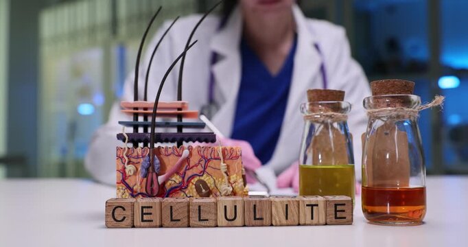 Wooden cubes spell word Cellulite near layered skin model on table. Doctor compares oil bottles while planning cellulite treatment routine in lab