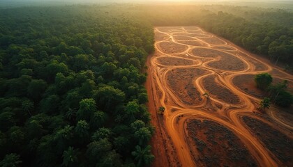 Naklejka premium Aerial view shows forest edge next to cleared land with winding dirt roads. Deforestation barren ground, contrasting with rich green trees under warm sunset light. Nature destruction evident.