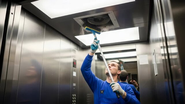 Caucasian man cleans elevator ventilation system with long brush, performing maintenance service inside a building lift