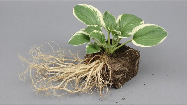 A healthy plant with green and white leaves and extensive roots pulled out of the soil
