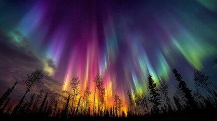 Fototapeta premium Spectacular northern lights display over forest at night.
