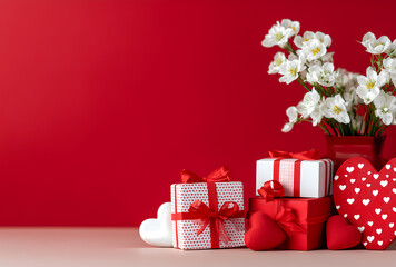 Red and white gifts with flowers on red background.