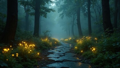 Obraz premium Stone path through misty forest at night. Glowing yellow flowers line the trail, illuminating the dark woods. Mysterious, magical scene evokes wonder and fantasy.