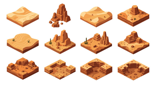 Twelve distinct isometric desert blocks showcasing dunes, rocks, and craters, representing arid environments.