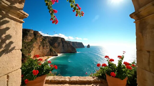 Sunlit Mediterranean Terrace Framed by Stone Archways Overlooking a Bright Blue Sea